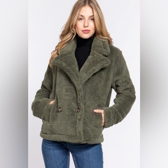 NWT! Sarah Sherpa Button Front Jacket in Olive Size S, M, L, Available - Picture 1 of 4